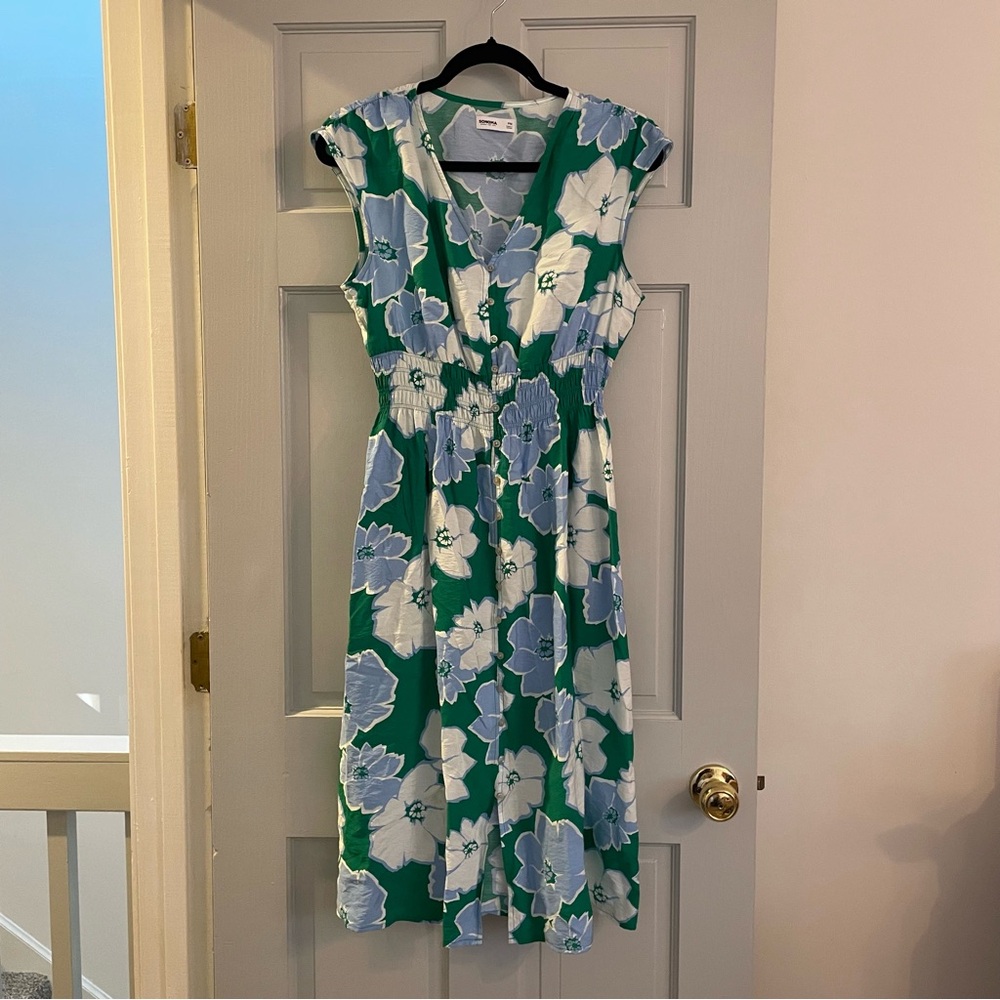 Sonoma Green and Blue Floral Midi Dress